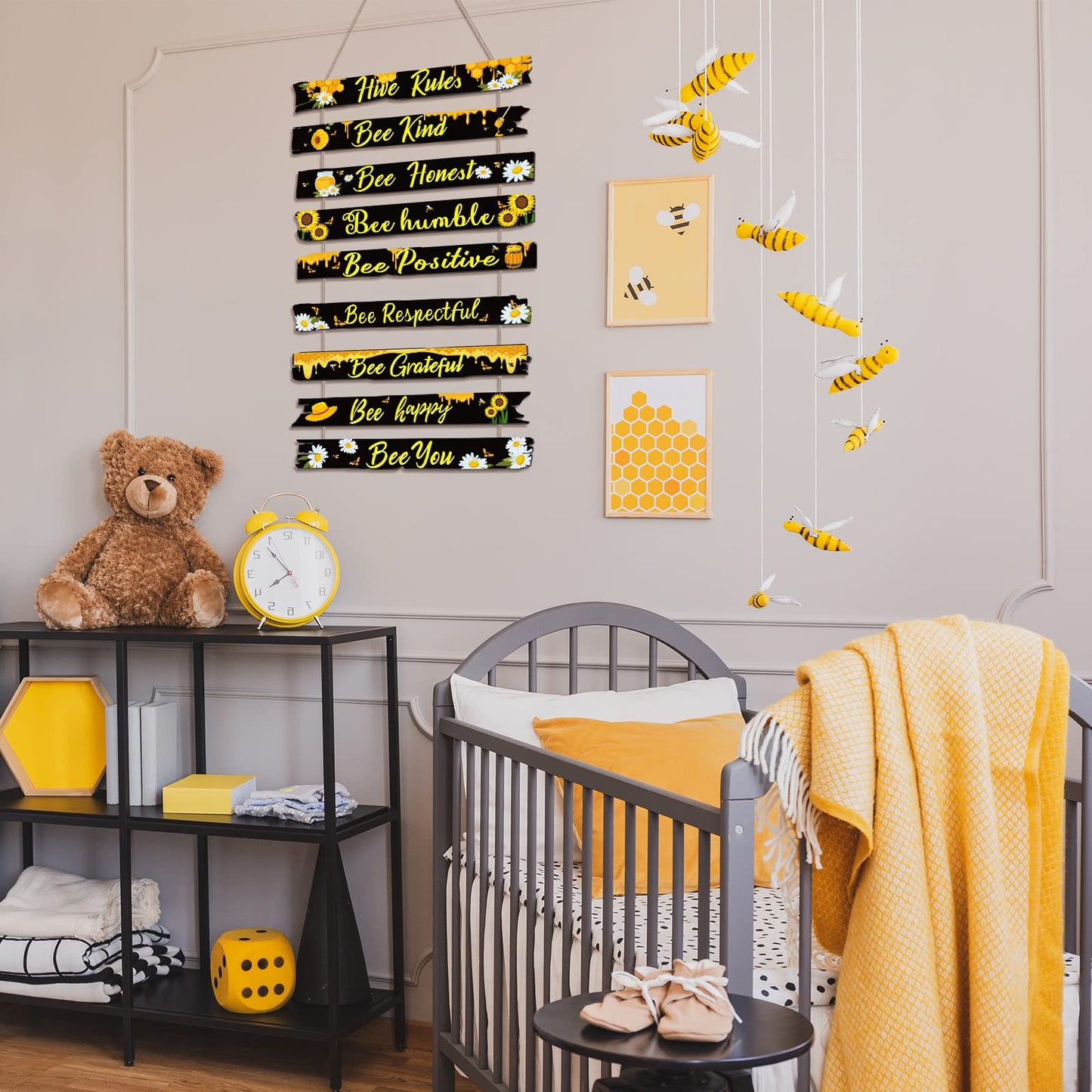 Jetec Bee Decor Plaque Gift Bee Sign Hive Rules Wall Decor Christmas Daisy Ornament for Xmas Home Spring Daisy Sunflower Decorations for Living Room Kitchen(Black)