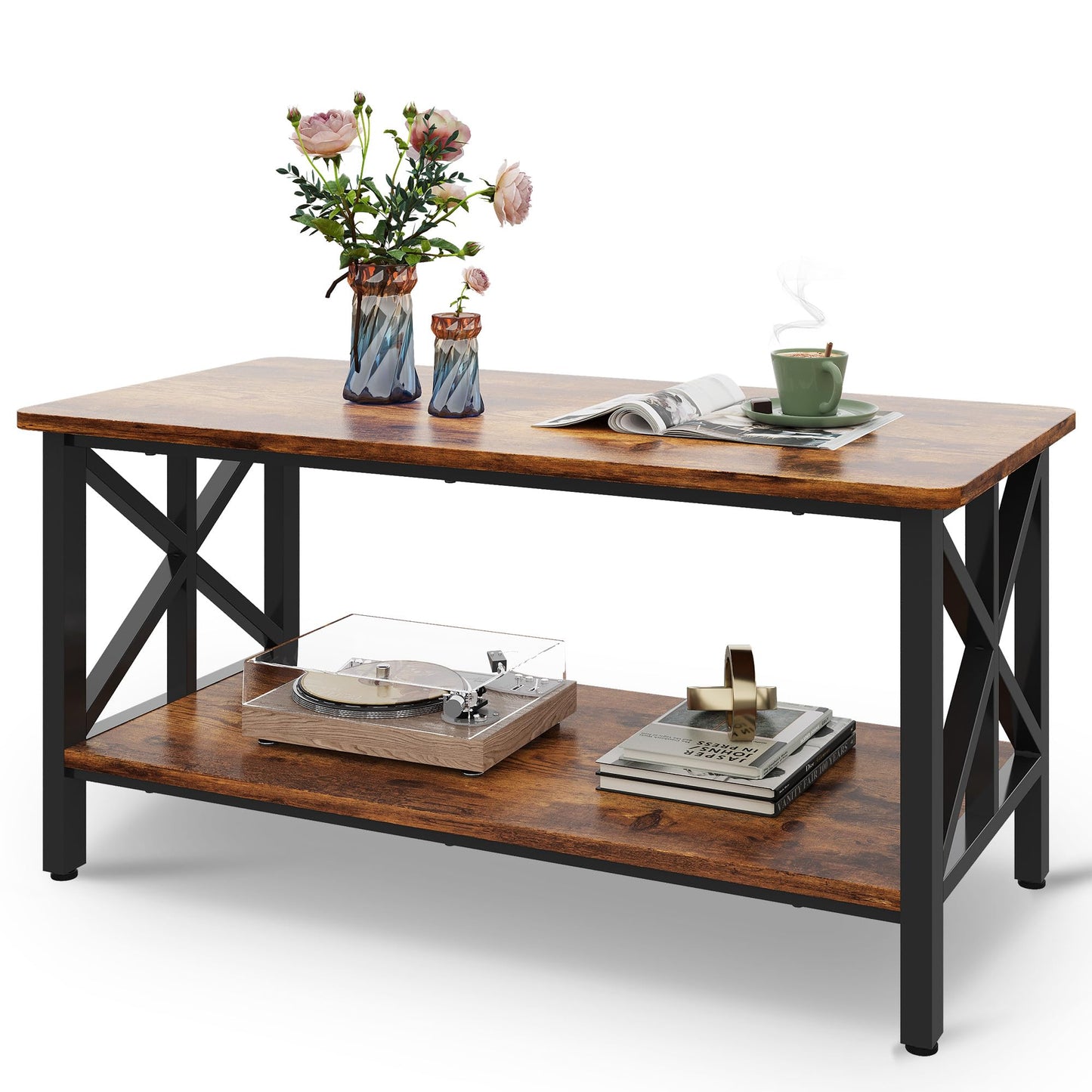 WLIVE Coffee Table for Living Room, 39" Center Table with Round Corners, Storage Shelf, Farmhouse Style Small Coffee Table with Metal Frame, Rustic Brown