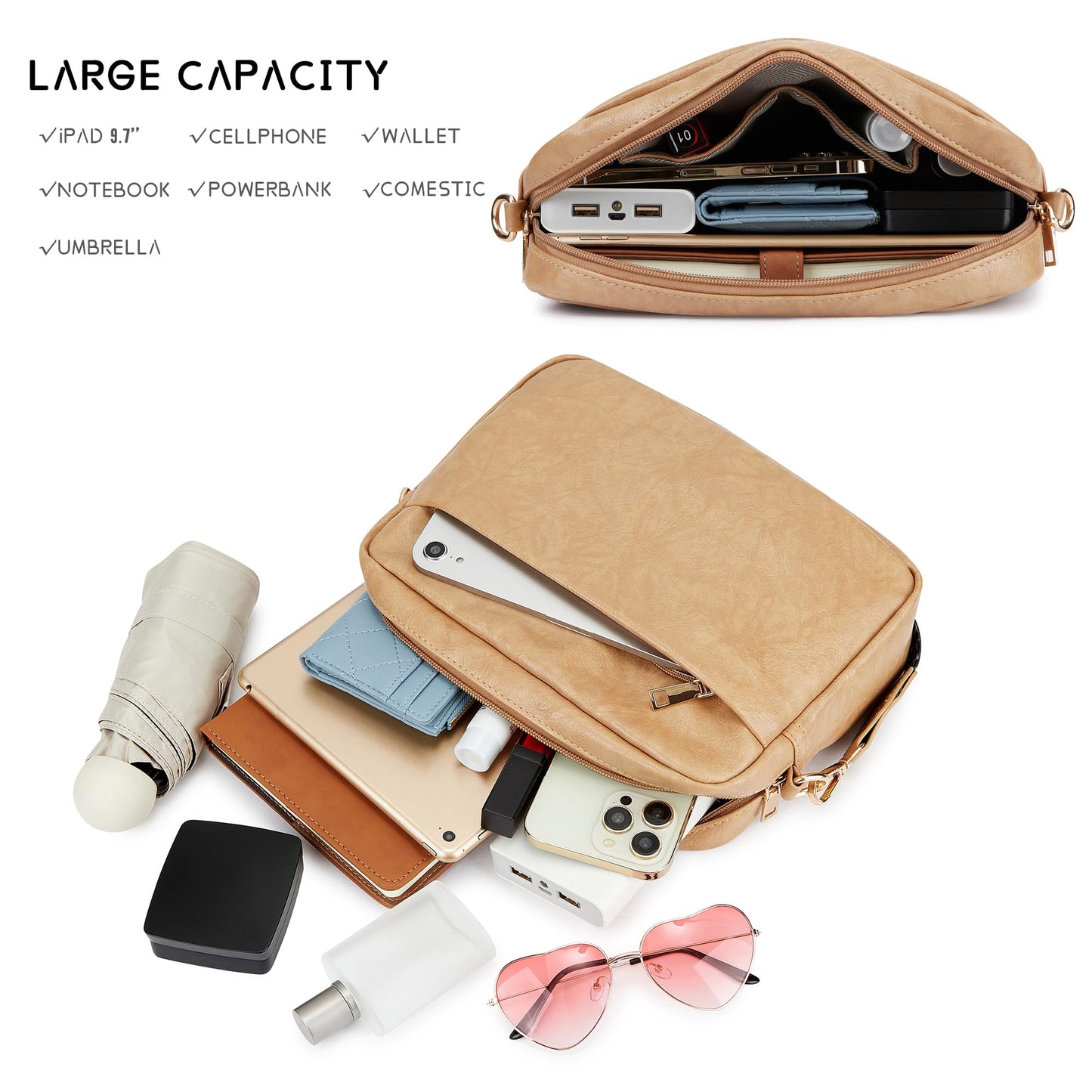 Cynure Women's Leather Crossbody Bag Zipper Shoulder Camera Purse, Khaki