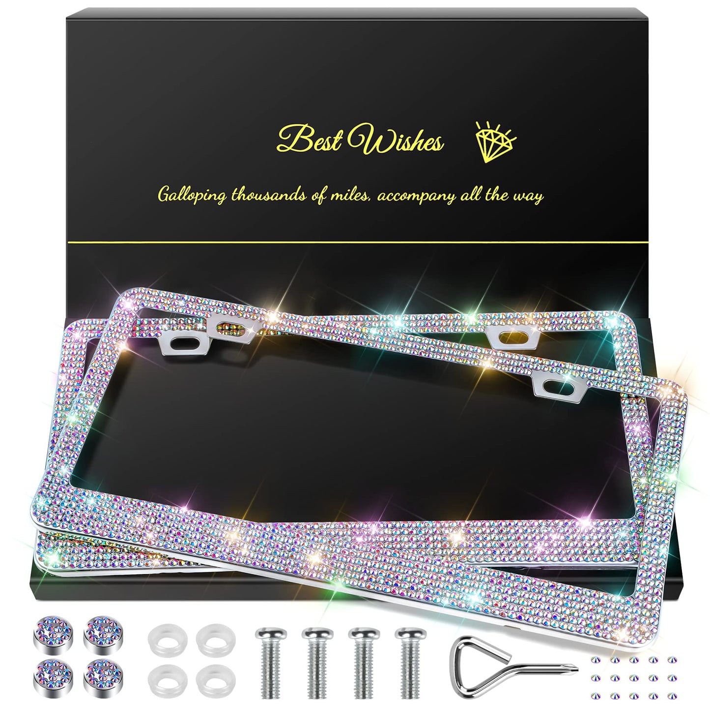 2 Pack Bling License Plate Frames for Women, Sparkly Rhinestone Diamond Car Accessories with Glitter Crystal Caps (Black)