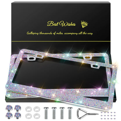 2 Pack Bling License Plate Frames for Women, Sparkly Rhinestone Diamond Car Accessories with Glitter Crystal Caps (Black)