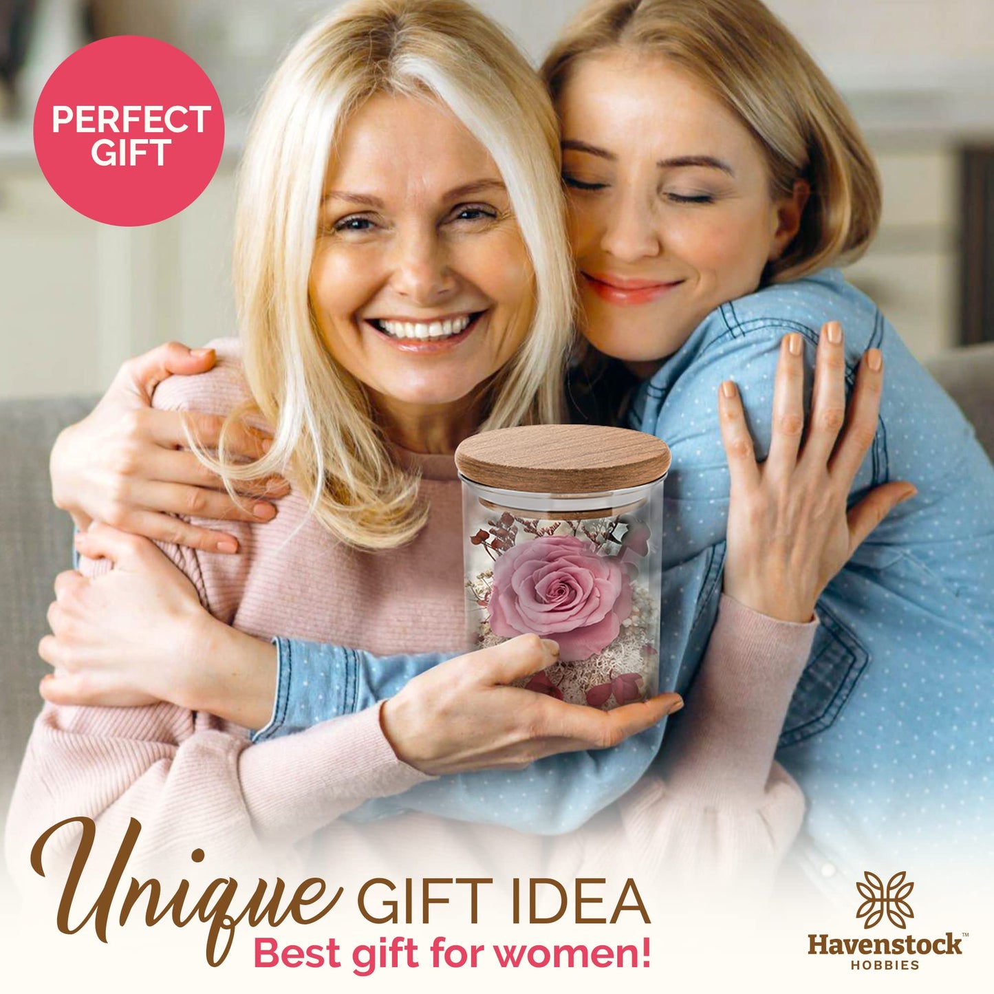 Havenstock Pink Rose in a Glass Dome - Premium Real Roses That Last a Year or More - Mother's Day Unique Gifts for Her Preserved Roses - Forever Flower Decor Preserved Flowers - Eternal Rose Display