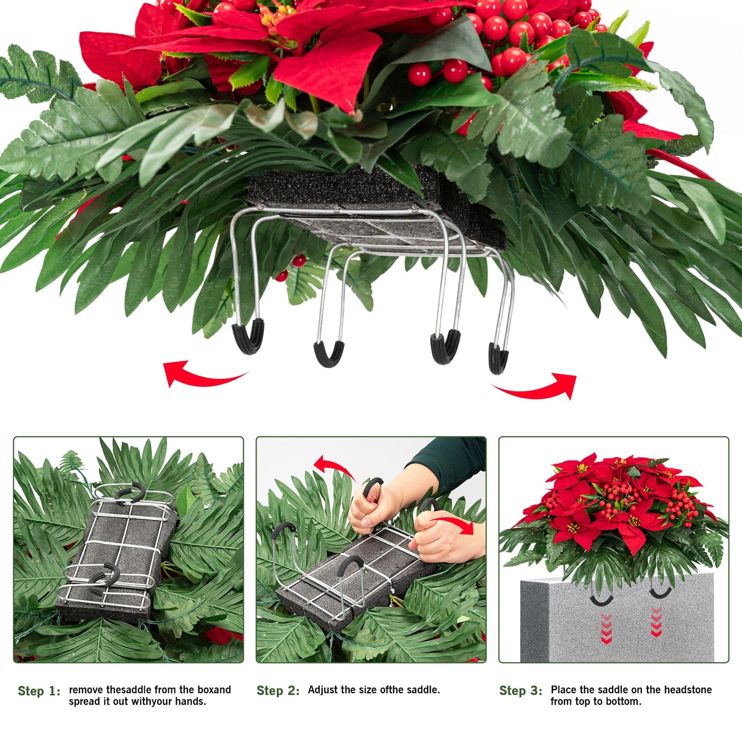Uqueeten Poinsettia Flowers Artificial Christmas Grave Decorations for Cemetery Sympathy Flowers Cemetery Vases for Grave Fake Flowers Christmas Cemetery Decorations Plastic Christmas Flowers (Red)