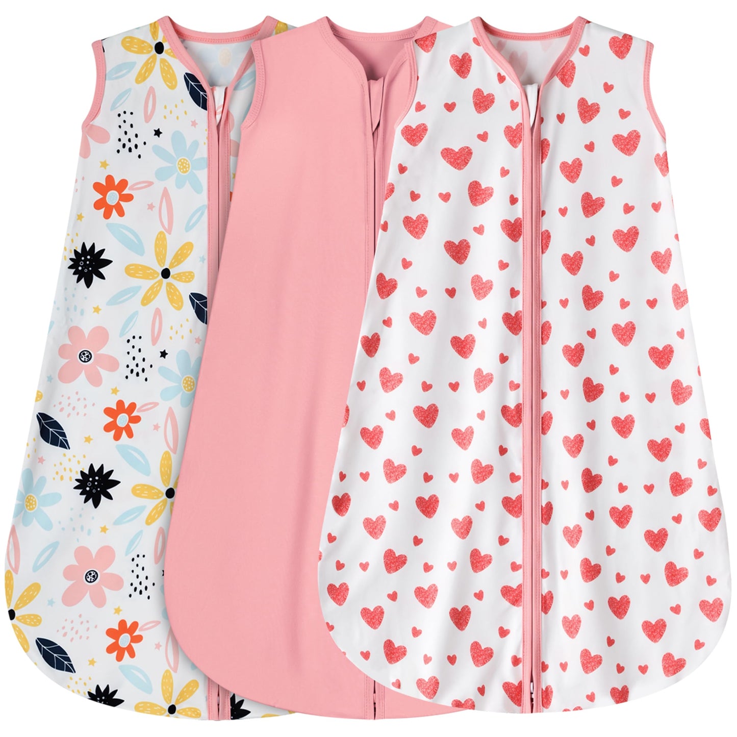 BSTOPPT 3 Pack Baby Sleep Sack 0-6 Months 100% Rayon Cotton Baby Sleeping Bag 2-Way Zipper Toddler Wearable Blankets Comfy Stretchy Lightweight TOG 0.3 （Heart&Pink&Floral）