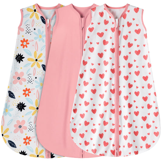BSTOPPT 3 Pack Baby Sleep Sack 0-6 Months 100% Rayon Cotton Baby Sleeping Bag 2-Way Zipper Toddler Wearable Blankets Comfy Stretchy Lightweight TOG 0.3 （Heart&Pink&Floral）