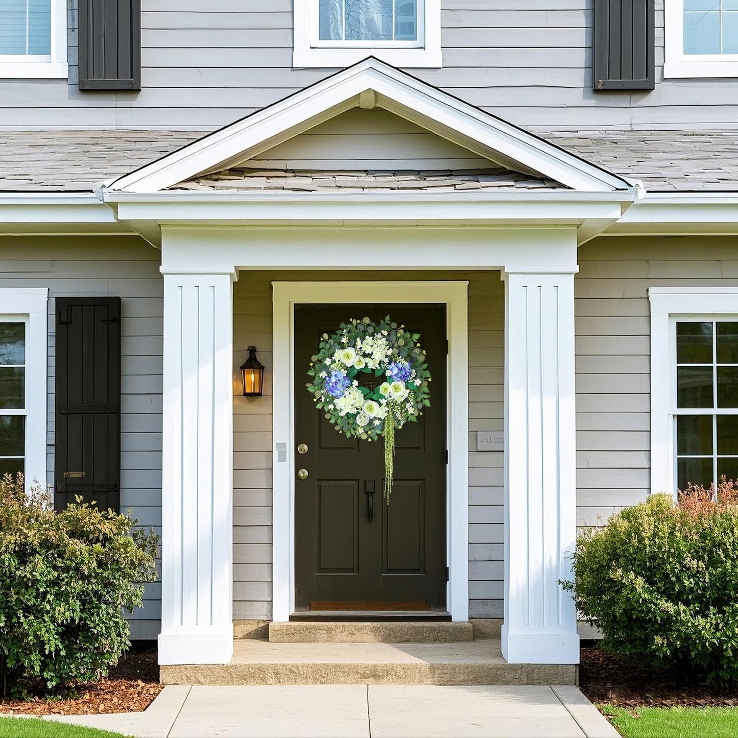 26" Hydrangea & Eucalyptus Wreath for Front Door, Porch, Window - Large Artificial Silk Flowers Outdoor Wreath for Home, Farmhouse, Wedding Decor - Spring, Summer, All Seasons (White&Purple)