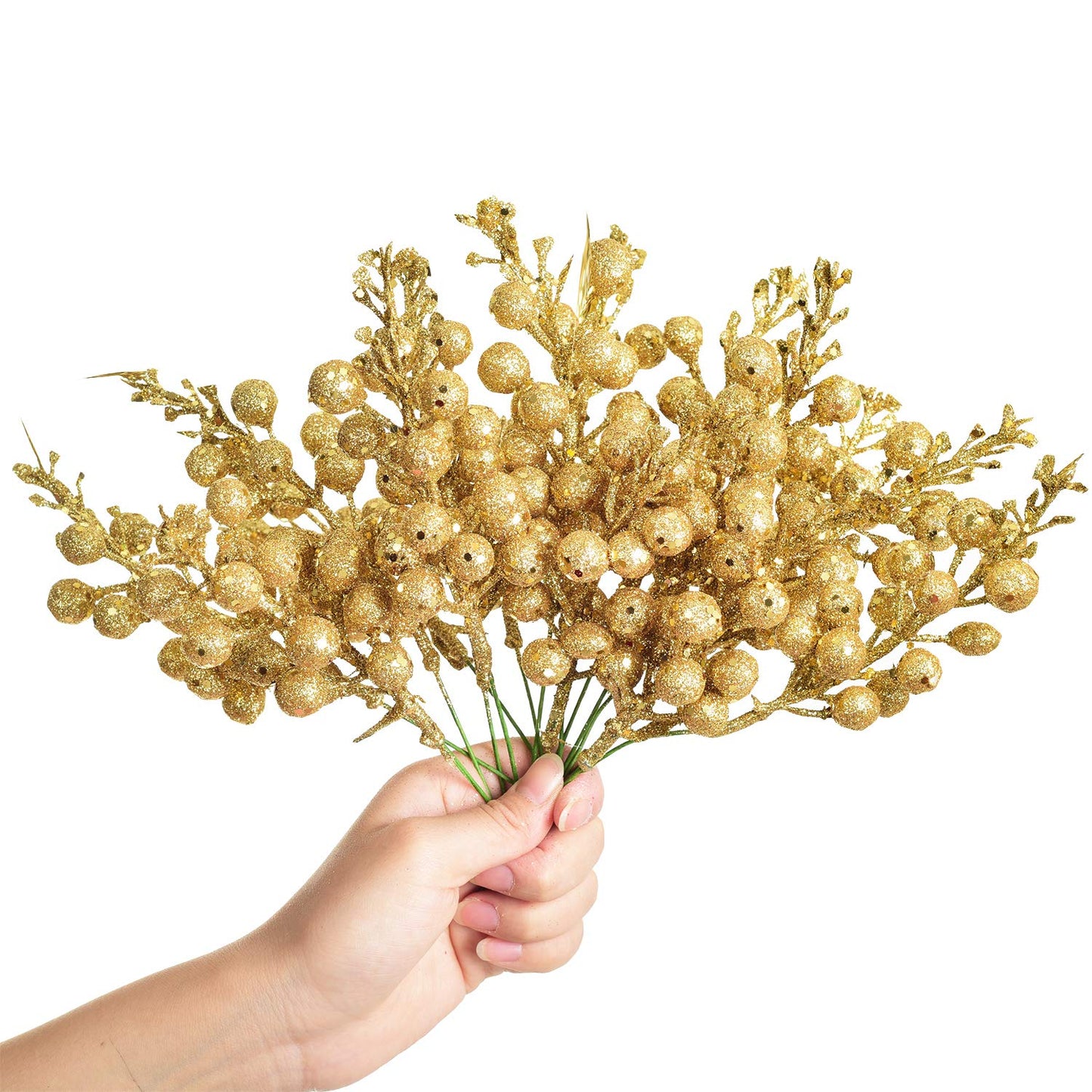 Artiflr 14 Pack Christmas Glitter Berries Stems, 7.8Inch Artificial Christmas Picks for Christmas Tree Ornaments, DIY Xmas Wreath, Crafts, Holiday and Home Decor, Gold