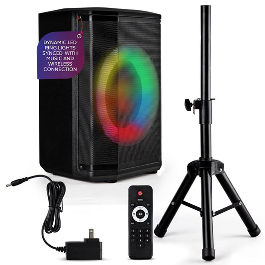 Pyle Portable Bluetooth Speaker with 8" Inch Woofer, TWS Function, Mic Input, USB/Micro SD/FM Radio, Colorful Ring Lights, 120W Rechargeable Battery, Tripod Stand, Hi-Fi Sound, Indoor/Outdoor Use