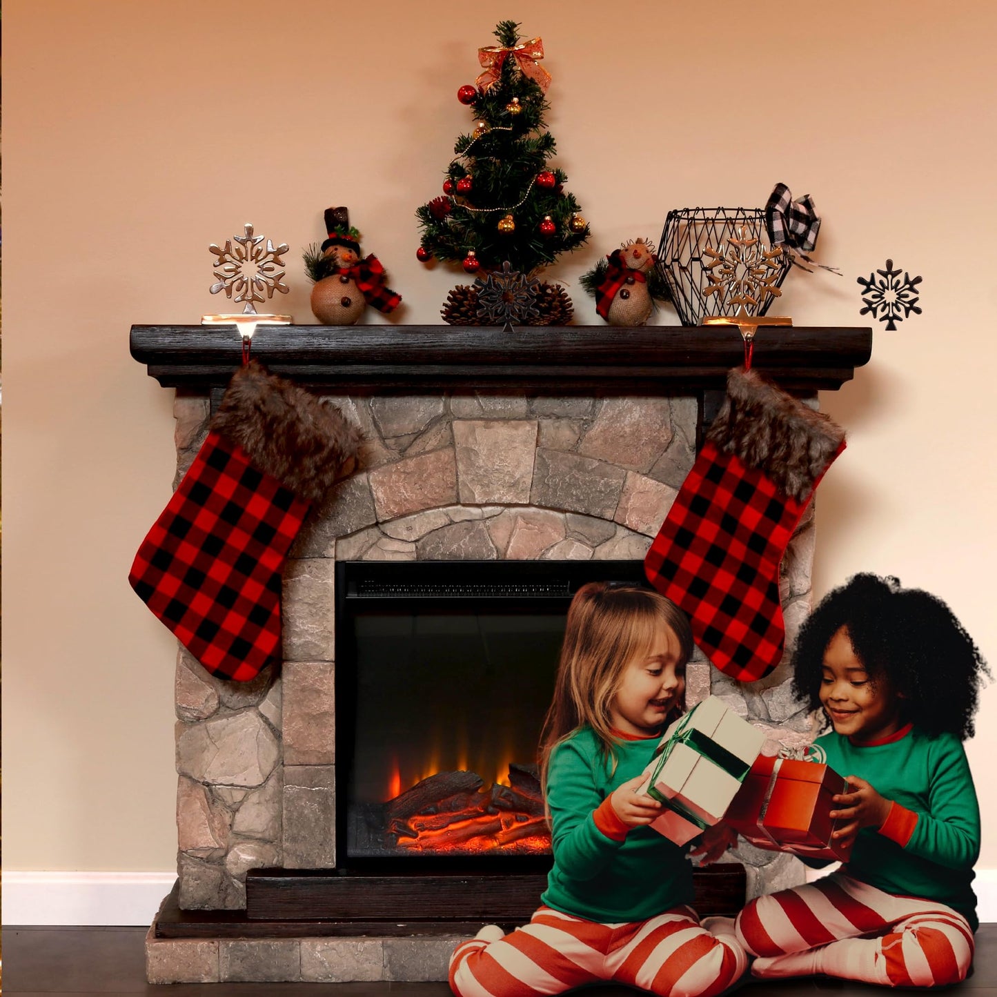 Iconikal 5-Pack Red Buffalo Plaid 18-Inch Christmas Stockings - Fabric Holiday Decor with Brown Faux Fur Cuff