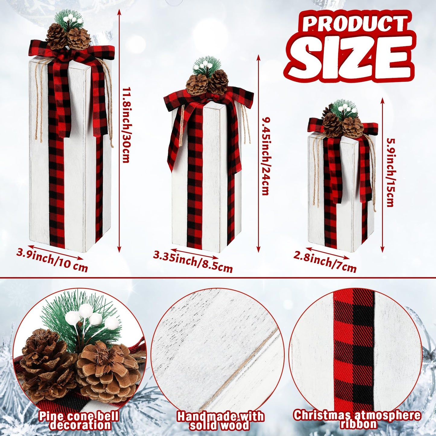 Huwena 3 Pcs Large Christmas Rustic Wood Presents 3 Sizes Christmas Table Centerpieces Christmas Tiered Tray Decor Gift Christmas Xmas Decor Wooden Faux Blocks with Buffalo Plaid Bowknot for Holiday