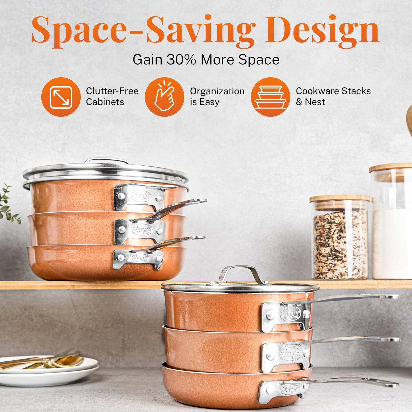 GOTHAM STEEL 10 Pc Copper Pots and Pans Set Non Stick Cookware Sets for Kitchen, Space Saving Pots and Pans with Fry Pan and Pot Set, Non Toxic, Nonstick Cookware Set, Oven and Dishwasher Safe