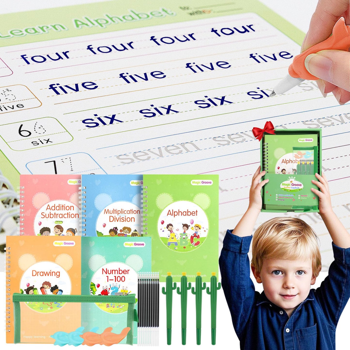 Magic Groove Practice Copybook for Kids, Reusable Writing Practice Book, Grooved Handwriting Book Set for Kids Ages 3-8 Calligraphy 5.59 * 7.91 (5 Medium Books with Cactus Pens & Gift Box)