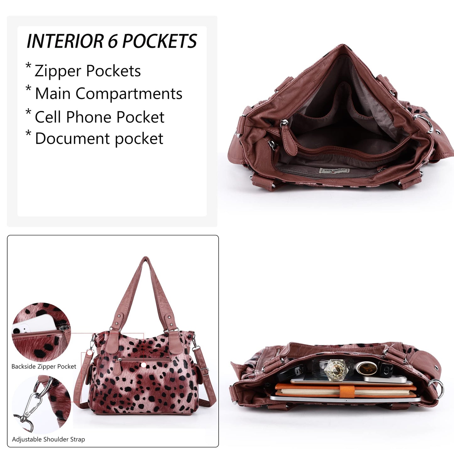 Angel Kiss Handbags for Womens Top-Handle Hobo Purse Roomy Casual Shoulder Bags PU Tote Satchel Purse for Womens 14leopard Pink