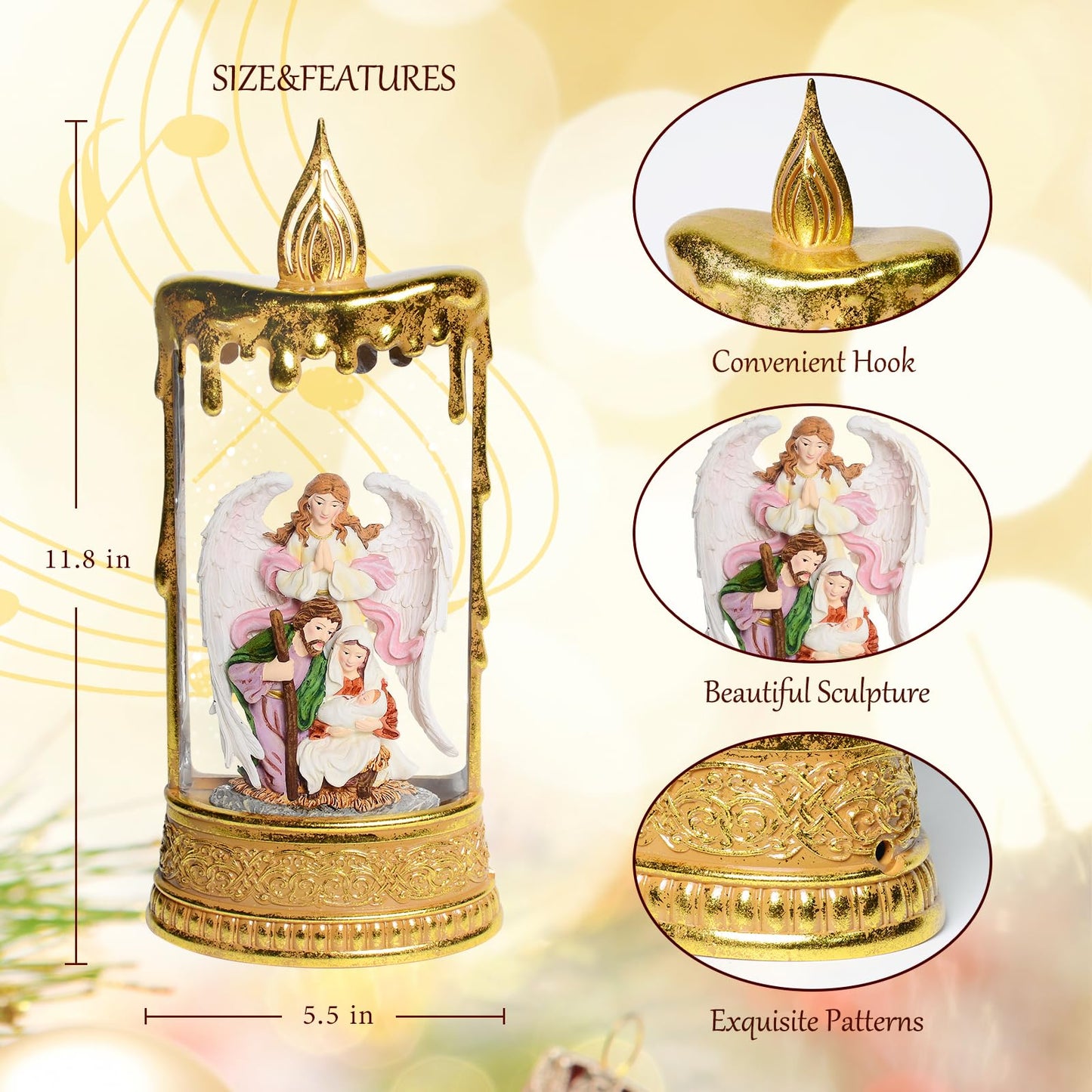 Christmas Snow Globes, 11.8" Nativity Glitter Water Lantern with Song, 6H Timer Battery & USB Powered Music Box for Christmas Decorations Indoor