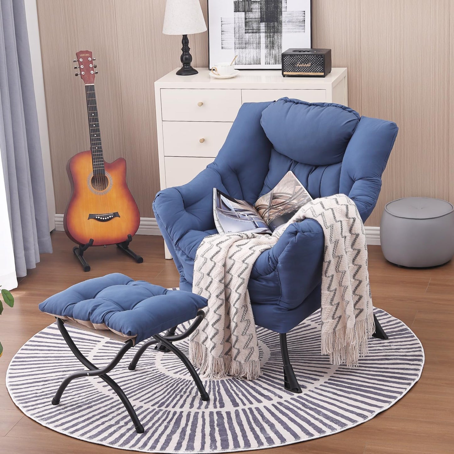 Givjoy Lazy Chair and Ottoman, Large Accent Lounge Chair with Armrests and a Side Pocket, Modern Leisure Upholstered Sofa Reading Armchair with Footrest for Bedroom, Living Room, Dorm Rooms, Office