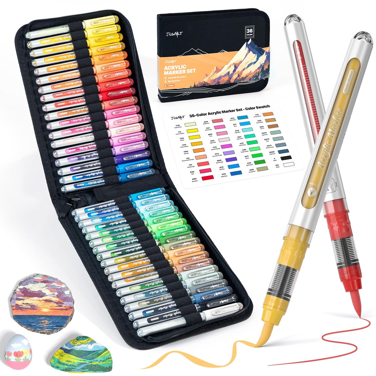 JusArt Acrylic Paint Markers Brush Tip 30 Colors, Water-Based No-Bleed Markers with Automatic Ink Control System, Waterproof Acrylic Paint Pens for Rock, Egg, Wood, Fabric, Glass, DIY Crafts