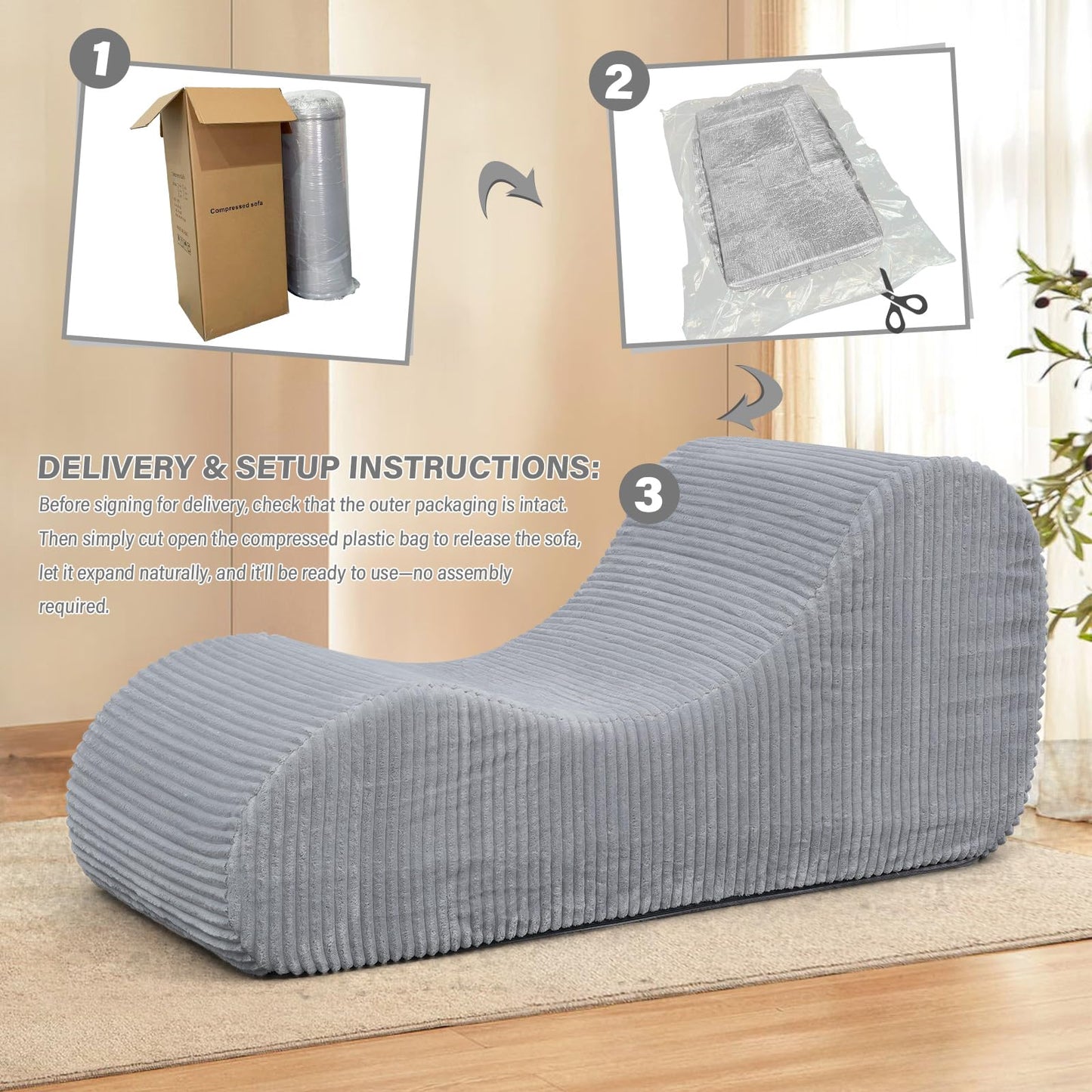 Corduroy Chaise Lounge Chair Couch Indoor Boneless Oversized High-Density Sponge Soft Sofa Human Body Curves for Yoga, Light Grey