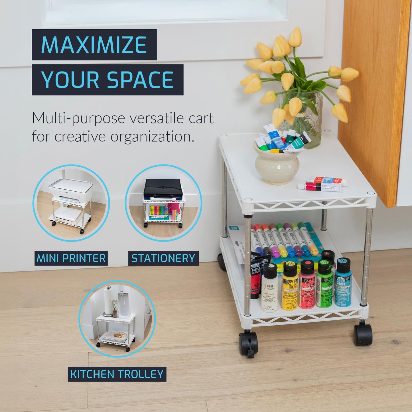 ZBRANDS Printer Stand, Mini, White, 15" x 10.6", Portable Electronic Device Stand for Small Spaces, 40lbs Capacity, Rolling Cart with Wheels, Home Printer Stand, Copier Stand