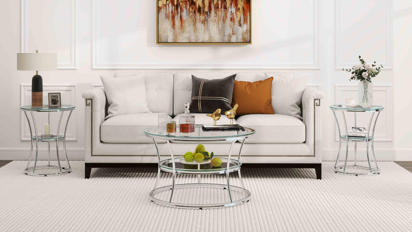 O&K FURNITURE Glass Coffee Table, 2-Tier Modern Living Room Table with Shelf, Tempered Glass & Chrome Frame, Silver Center Table for Living Room & Office, Chrome Finish, 1 PC