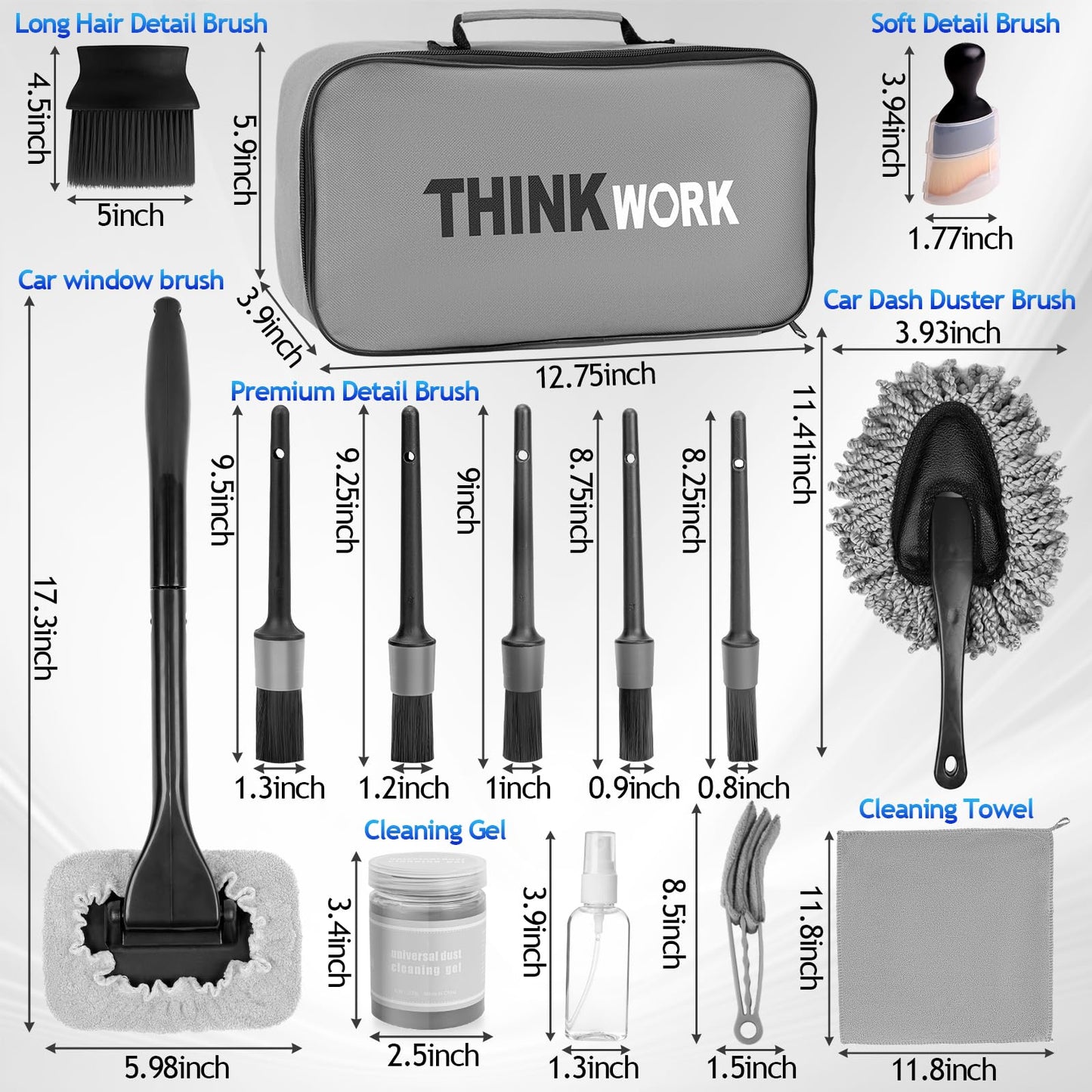 THINKWORK Windshield Cleaner Tool, Car Interior Cleaning Kit, Car Detailing Kit Interior Cleaner with10Pcs Detailing Brush Set, Gray Auto Detailing Supplies & Accessories