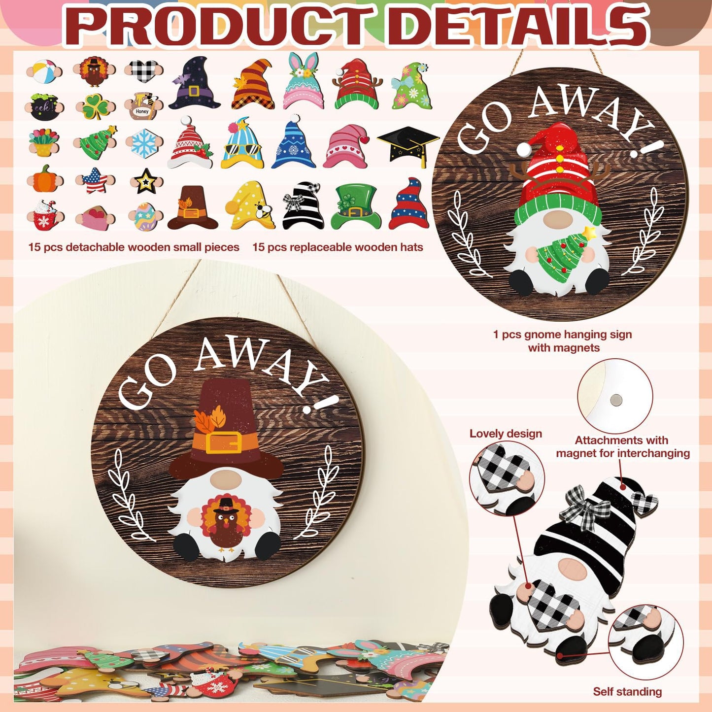 Easter Seasonal Gnome Wall Decor Set, 11.8 inch Wooden Round Sign with Interchangeable Holiday Hats, Go Away Door Hanging (Attractive)