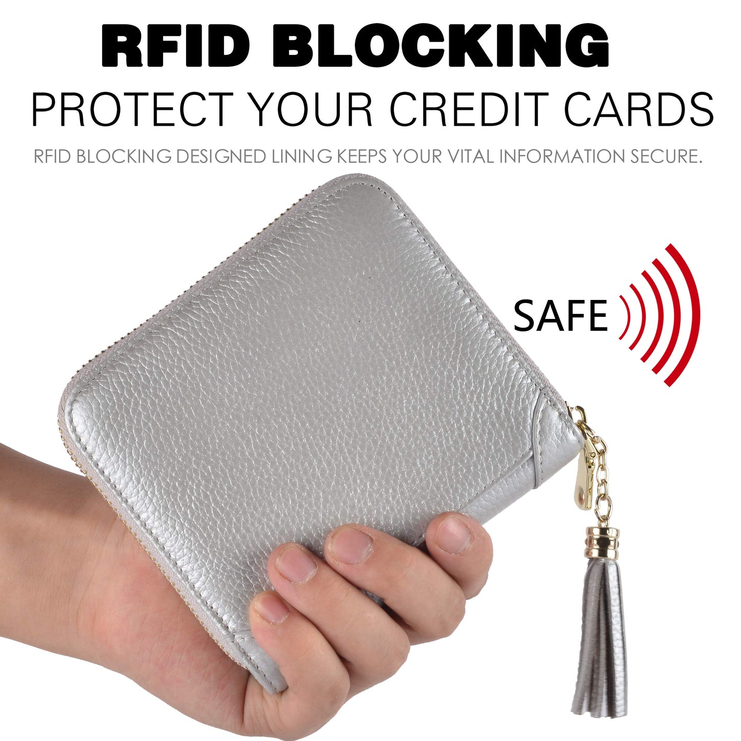 Easyoulife Womens Credit Card Holder Wallet Zip Leather Card Case RFID Blocking (Silver)