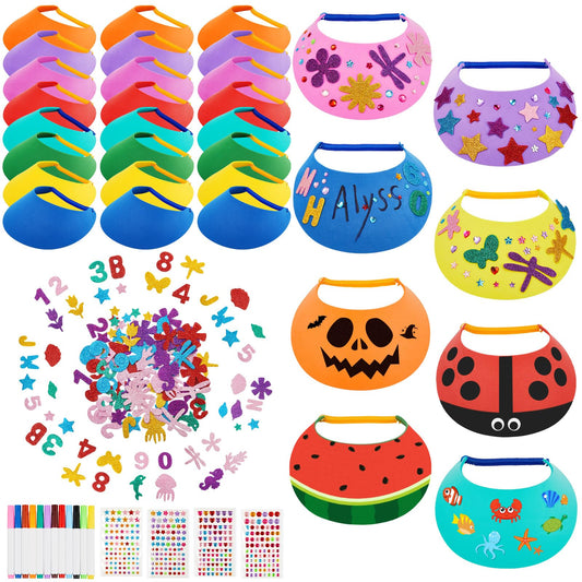 Outus 35 Foam Visors for Kids Include Assorted Color Sun Visor Foam Hats DIY Crafts Sports Supplies, Stickers and Markers (Bright Color)