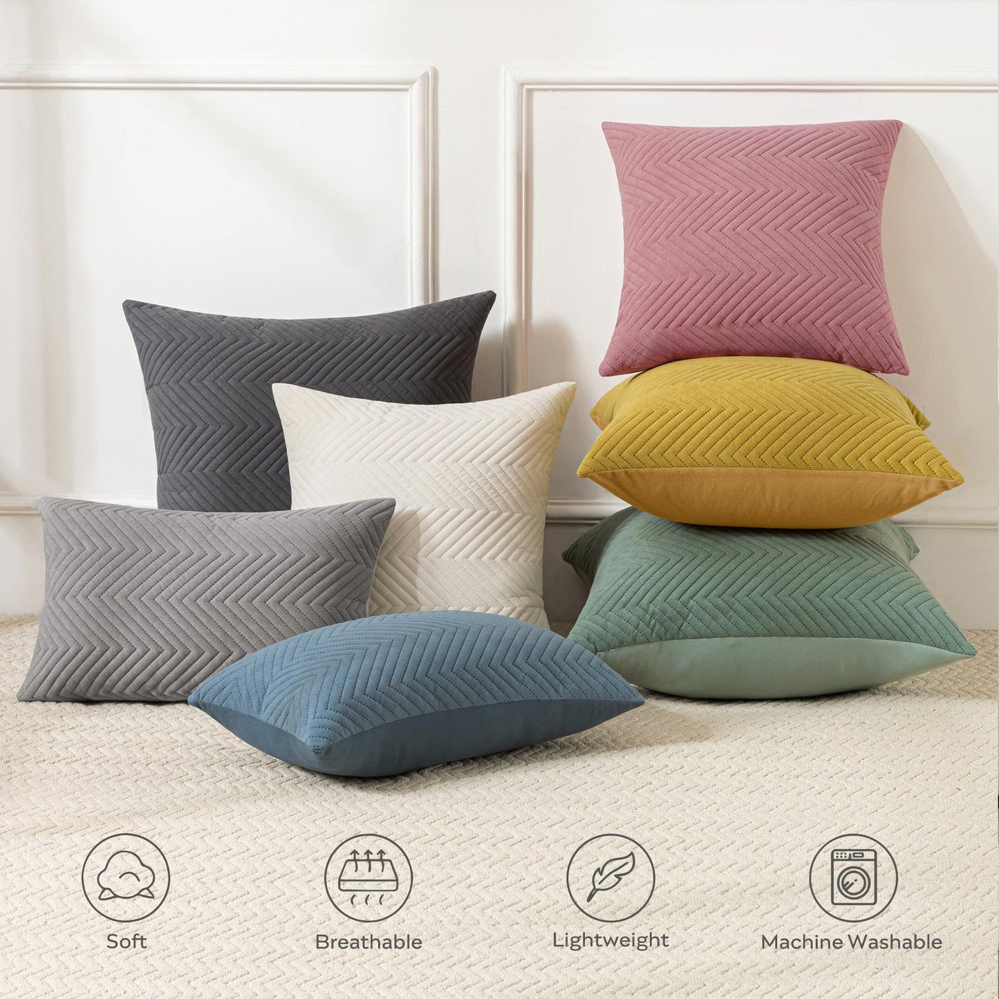 JELLYMONI Throw Pillow Covers 20”x20” Set of 2 Decorative Pillow Cases Light Green with Zipper Square Cushion Cover Polyester Quilted Solid Soft Home Decor for Bed Sofa Living Room (NO Insert)