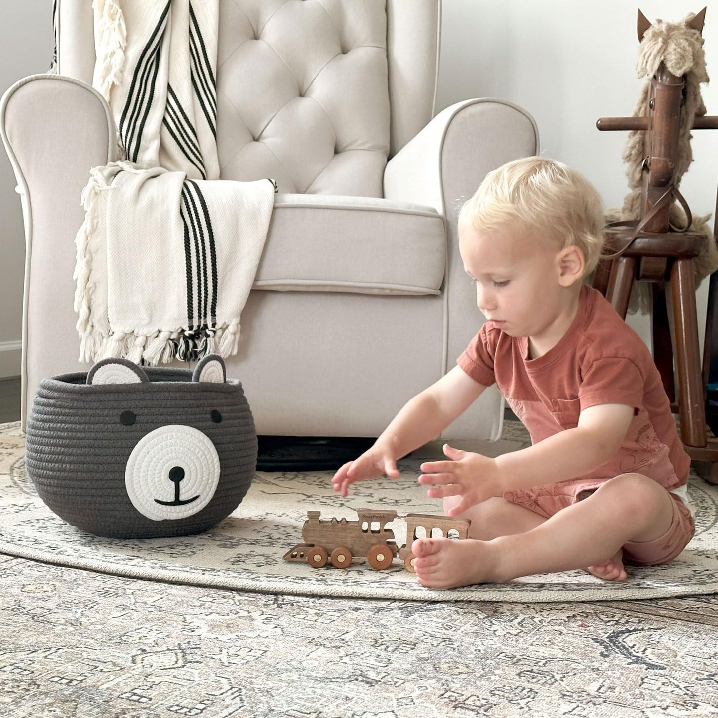 CherryNow Baby Basket for Nursery, Bear Gift Baskets for Kids, Empty Baby Shower Basket with Handles, Small Cute Animal Cotton Rope Baskets, Grey, 10.5"D x 8.5"H