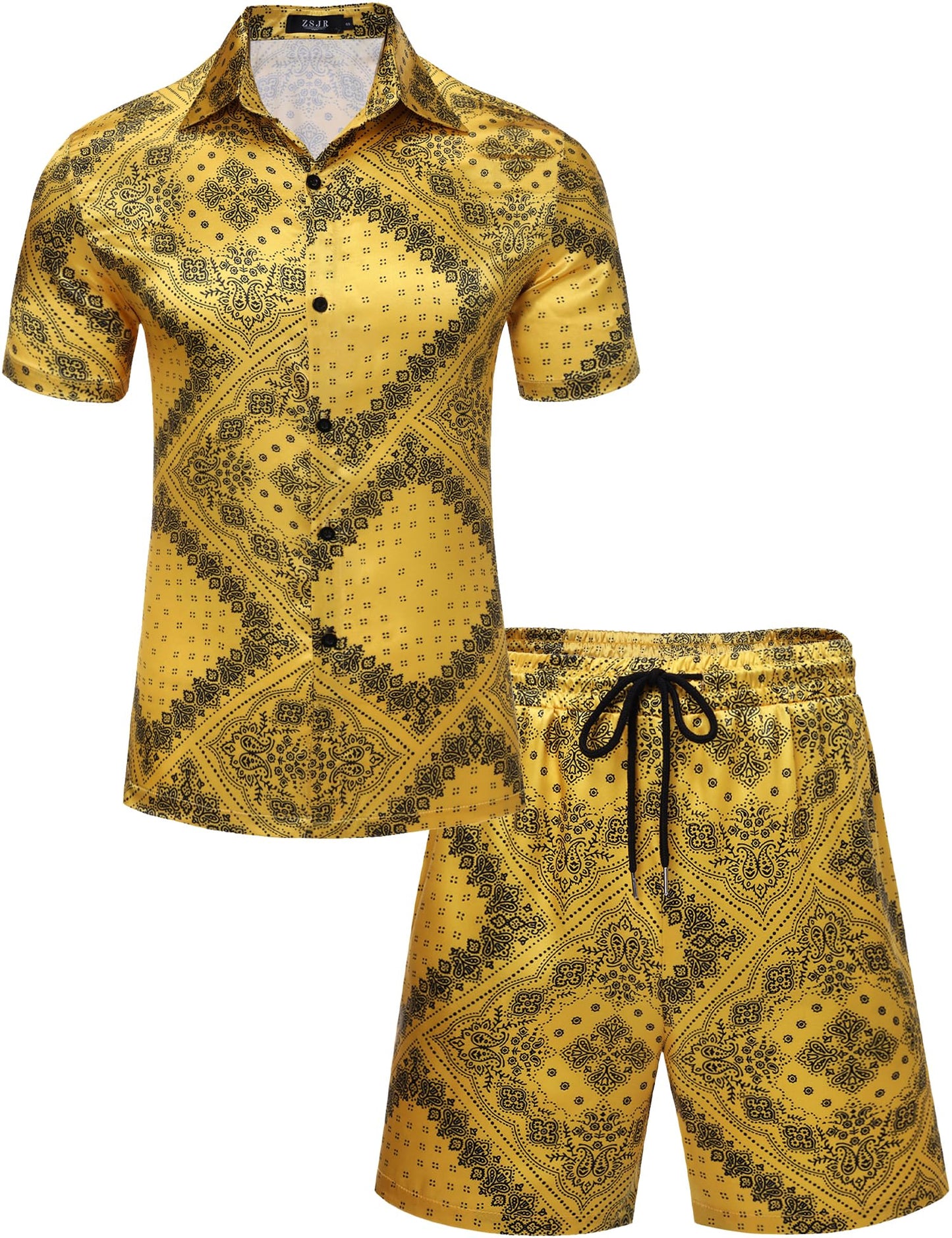 ZSJR Mens Hawaiian Shirt Sets Satin Silk Casual Button Down Shirts 2 Piece Luxury Summer Beach Outfits for Men