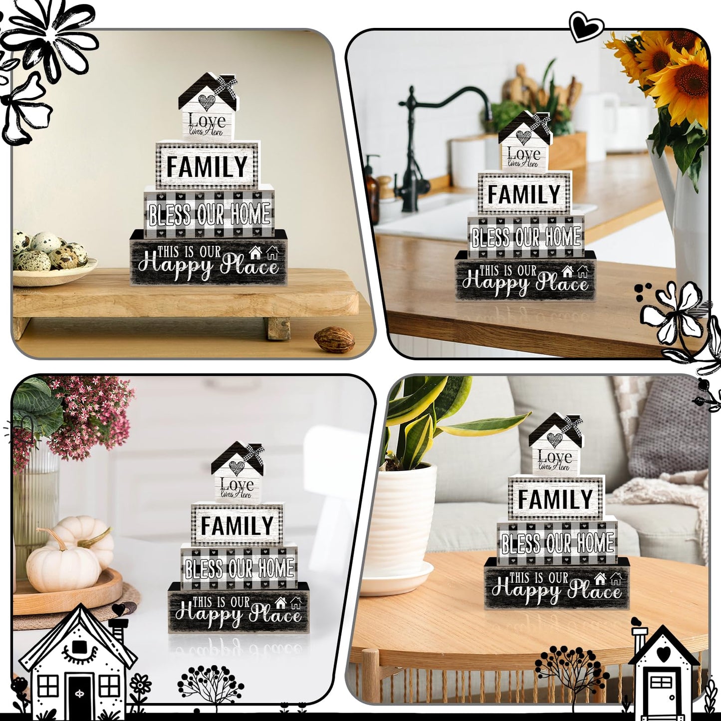 4 Pcs Farmhouse Family Wooden Tiered Tray Decor Set, Rustic Bless Our Home Wood Table Decor Buffalo Plaid Distressed Stack Block Signs Tabletop Centerpieces for Home Kitchen Shelf Mantle Decorations