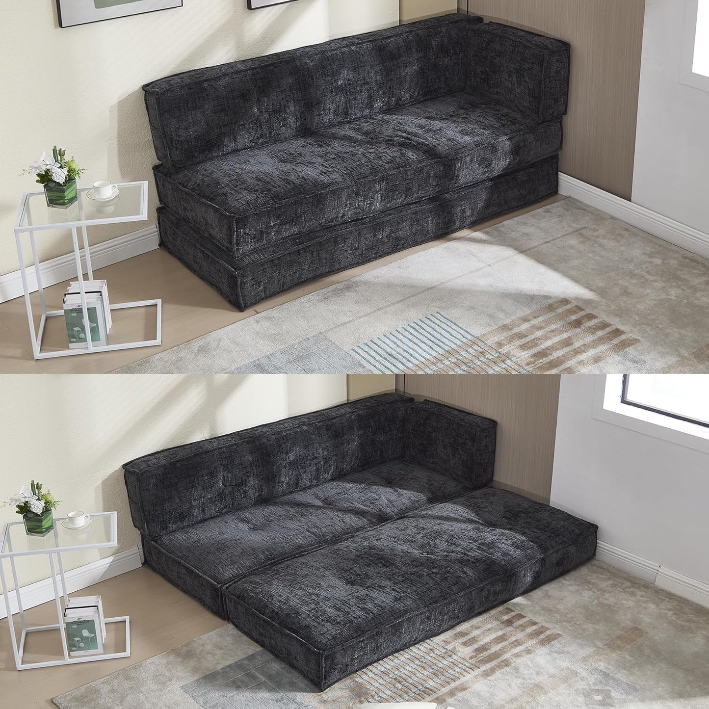 VYNELITO Modular Couch Convertible Sleeper Floor Sofa Bed, Chenille Folding Mattress Couch with Side Bag Storage, 4-in-1 Combined Lazy Sofa for Living Room Bedroom,Black