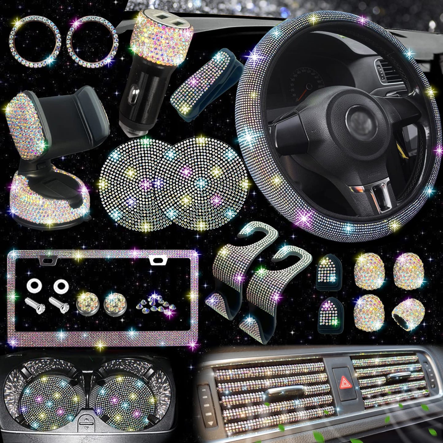 NBTEPEM 27 PCs Bling Car Accessories Set for Women, Steering Wheel Covers Universal Fit 15 Inch, License Plate Frame, Phone Holder, Bling Car Coasters (Silver Diamond)
