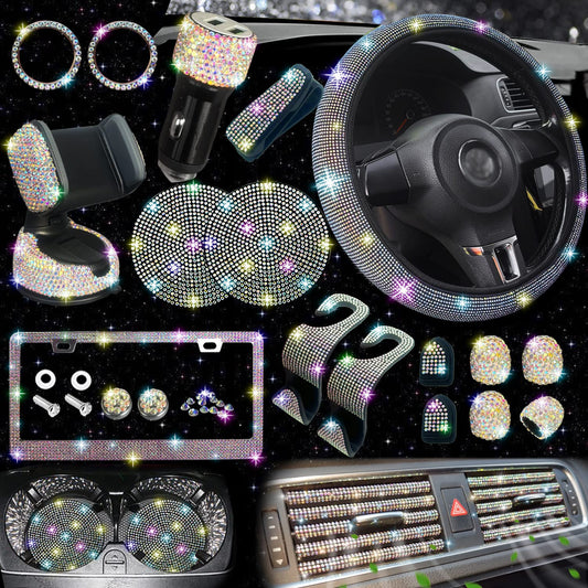 NBTEPEM 27 PCs Bling Car Accessories Set for Women, Steering Wheel Covers Universal Fit 15 Inch, License Plate Frame, Phone Holder, Bling Car Coasters (Silver Diamond)