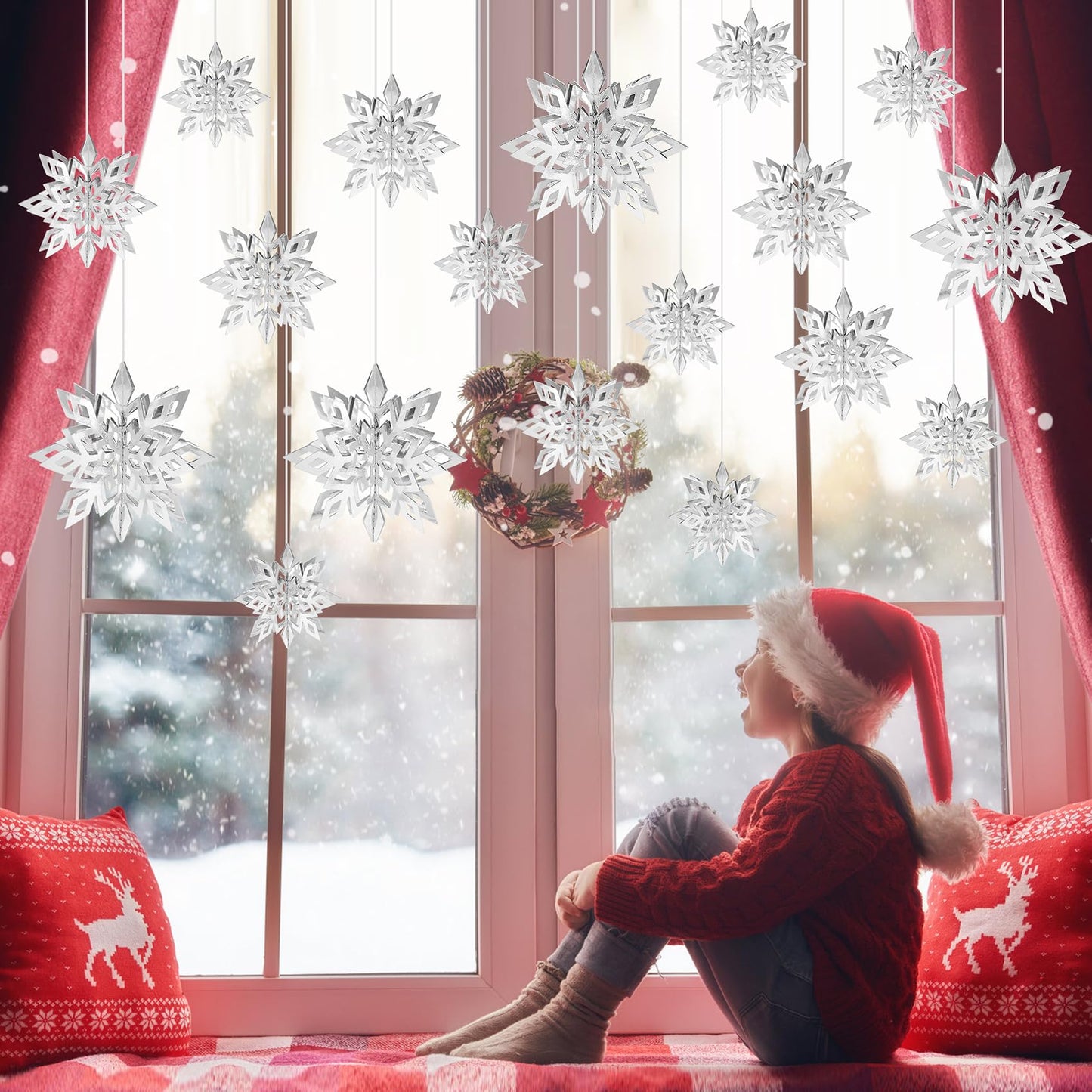 36PCS Christmas Snowflake Decorations, 3D Large Silver Paper Snowflakes Garland Hanging Snow Flakes for Winter Wonderland Christmas Party Decorations Holiday New Year Home Decor, Silver