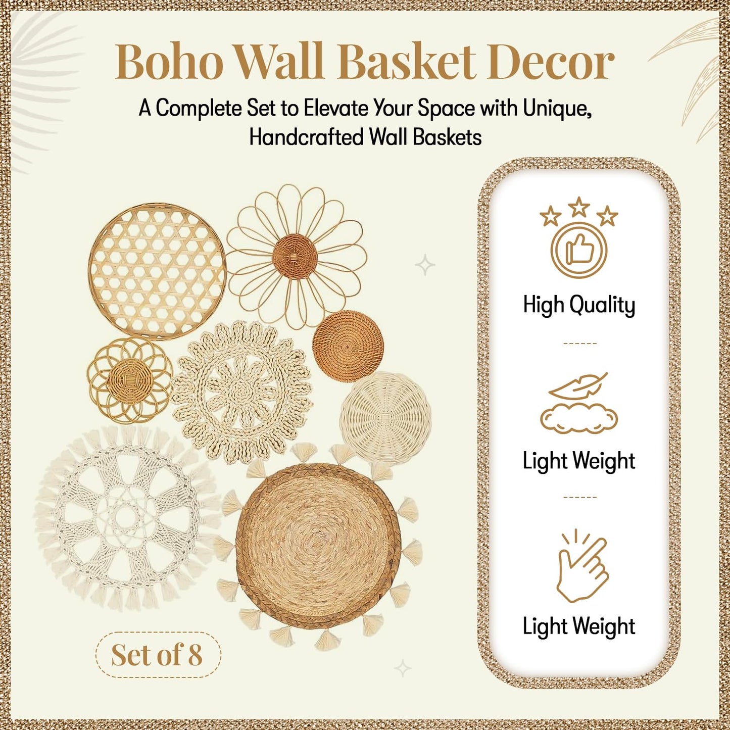 Boho Wall Basket Decor Set of 8 – Handmade Woven Seagrass & Rattan Wall Decor with Macrame Tapestry – Flat Round Boho Wall Art for Living Room, Bedroom, Kitchen, Wedding or Bohemian Wall Display