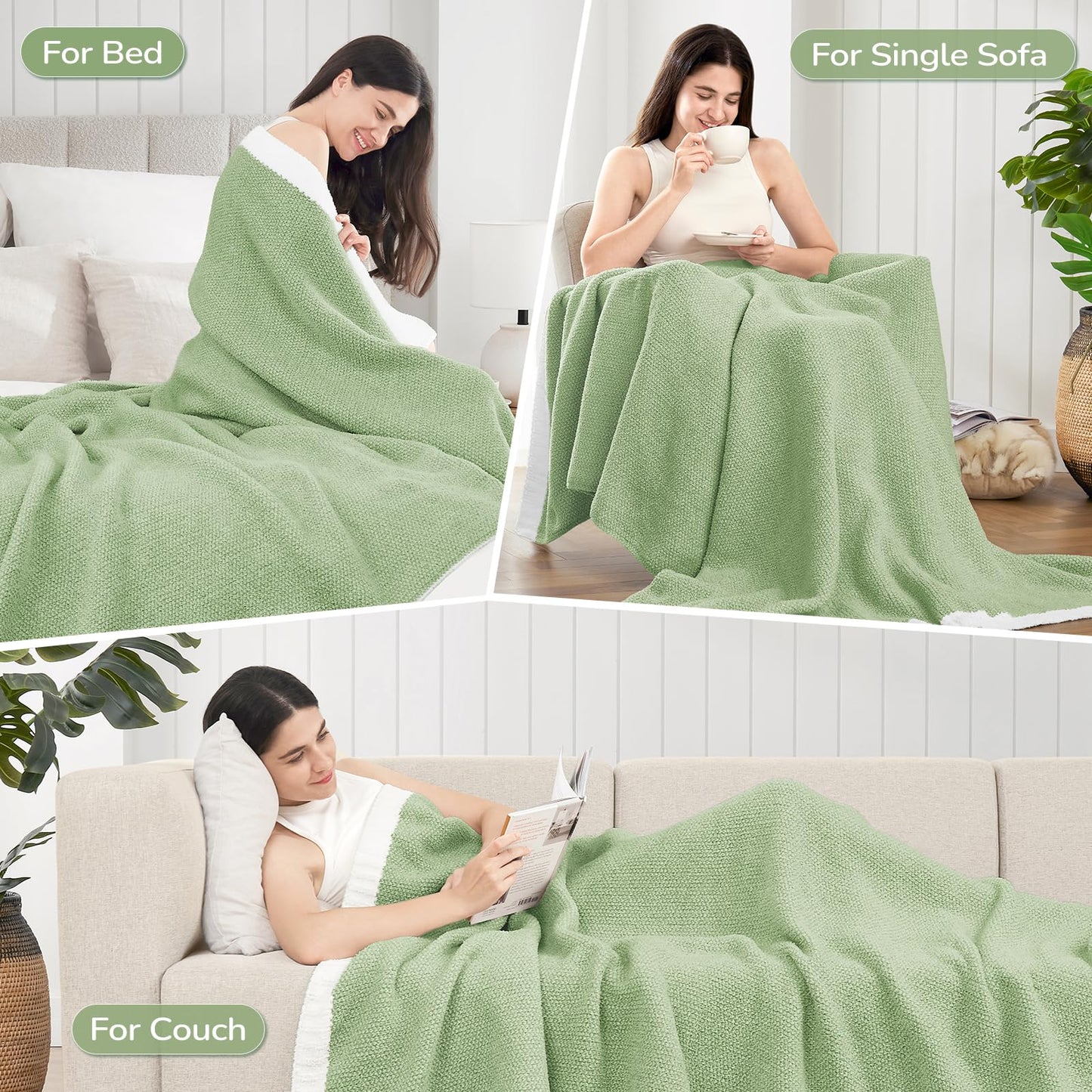 Basic Beyond Heather Green Throw Blanket for Couch, Super Soft Fluffy Blanket, Cozy Fuzzy Throw Blankets for Bed, Sofa, Chair, 50x60