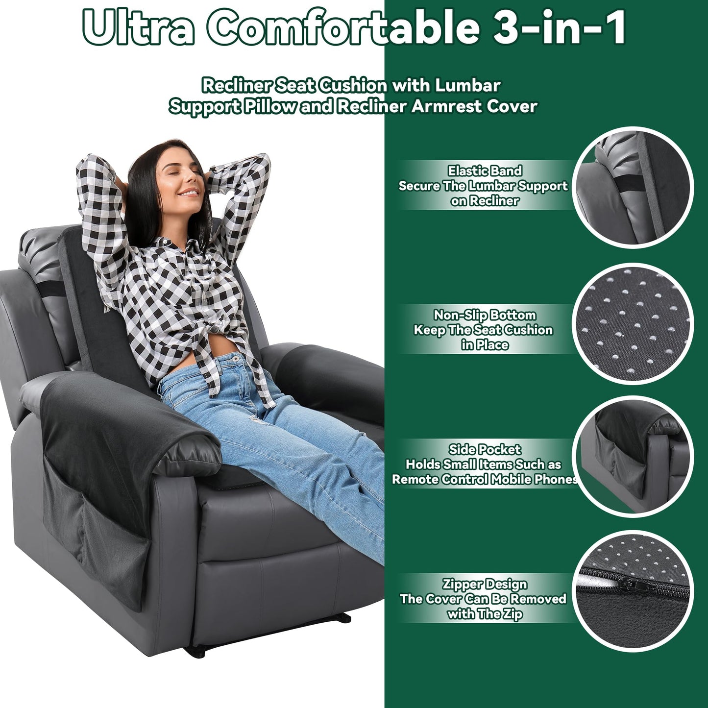 HOMBYS Recliner Chair Cushion for Elderly with Lumbar Support Pillow & Recliner Armrest Cover, 20"x20" Memory Foam Seat Cushion Non-Slip & Supportive, Machine Washable, Black