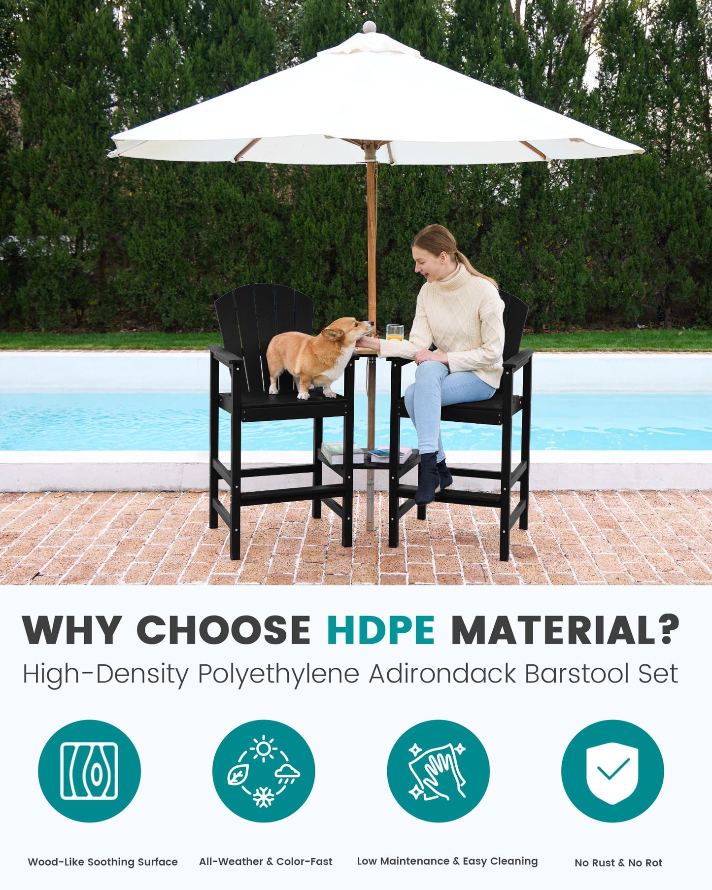 SERWALL Tall Adirondack Chairs Set of 4 with Double Layer Connecting Tray, HDPE Bar Height Outdoor Chairs, Wood-Like Adirondack Bar Stools for Patio, Balcony, Porch, Black