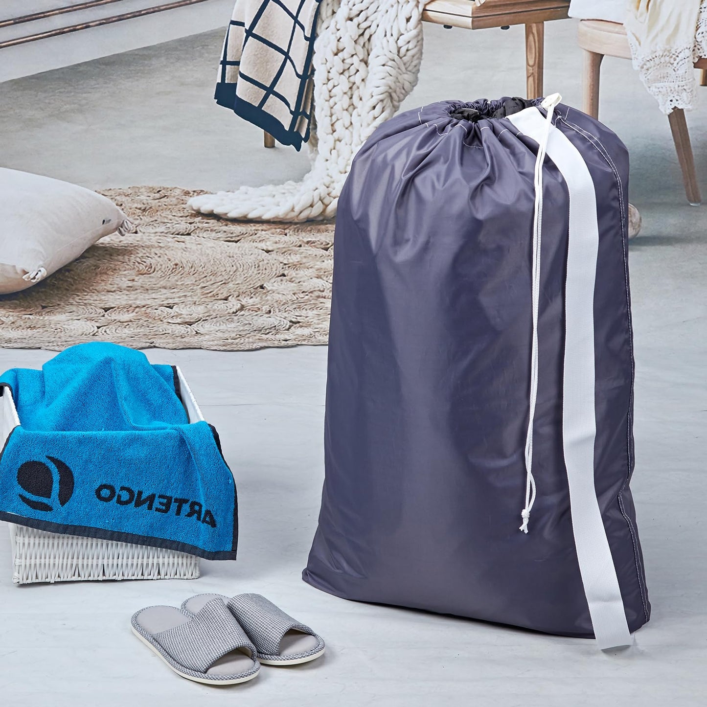 HOMEST 2 Pack XL Nylon Laundry Bag with Strap, Large Dirty Garments Organizer, Easy Fit a Hamper or Clothing Basket, Can Carry Up to 4 Loads of Clothes, Grey