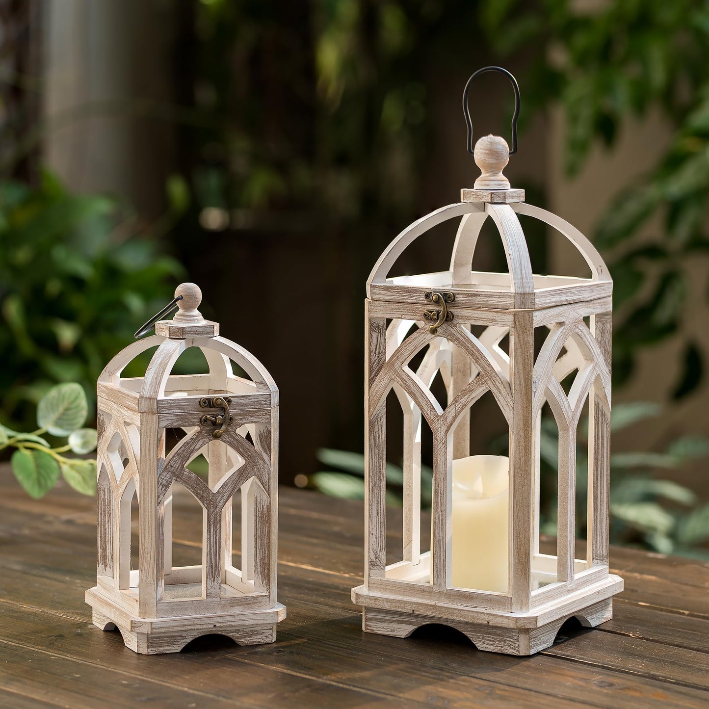 Staymoment Farmhouse Lanterns Decorative Indoor: 11" & 15" Set of 2 White Wooden Candle Holder Lanterns for Table Centerpiece Fireplace Mantle Home Decor