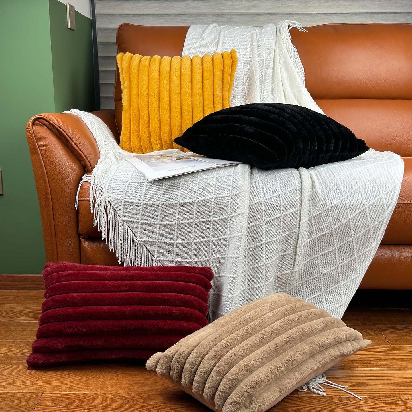 20x20 Throw Pillow Covers Set of 2, Decorative Faux Fur Covers for Bed, Couch Soft Fluffy Pillow Cover with Velvet Back for Living Room, Neutral Home Décor Accent for Sofa - Black