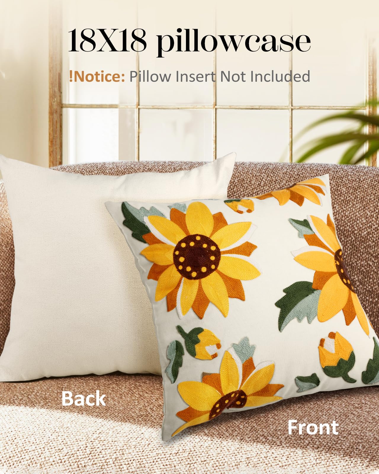 Kokaaee Embroidered Throw Pillow Cover - 18x18 inch Decorative Pillow Covers with Zipper Pillow Cover for Living Room Couch Sofa Bed Aesthetic Design Sunflower Linen Cotton Pillowcase Covers