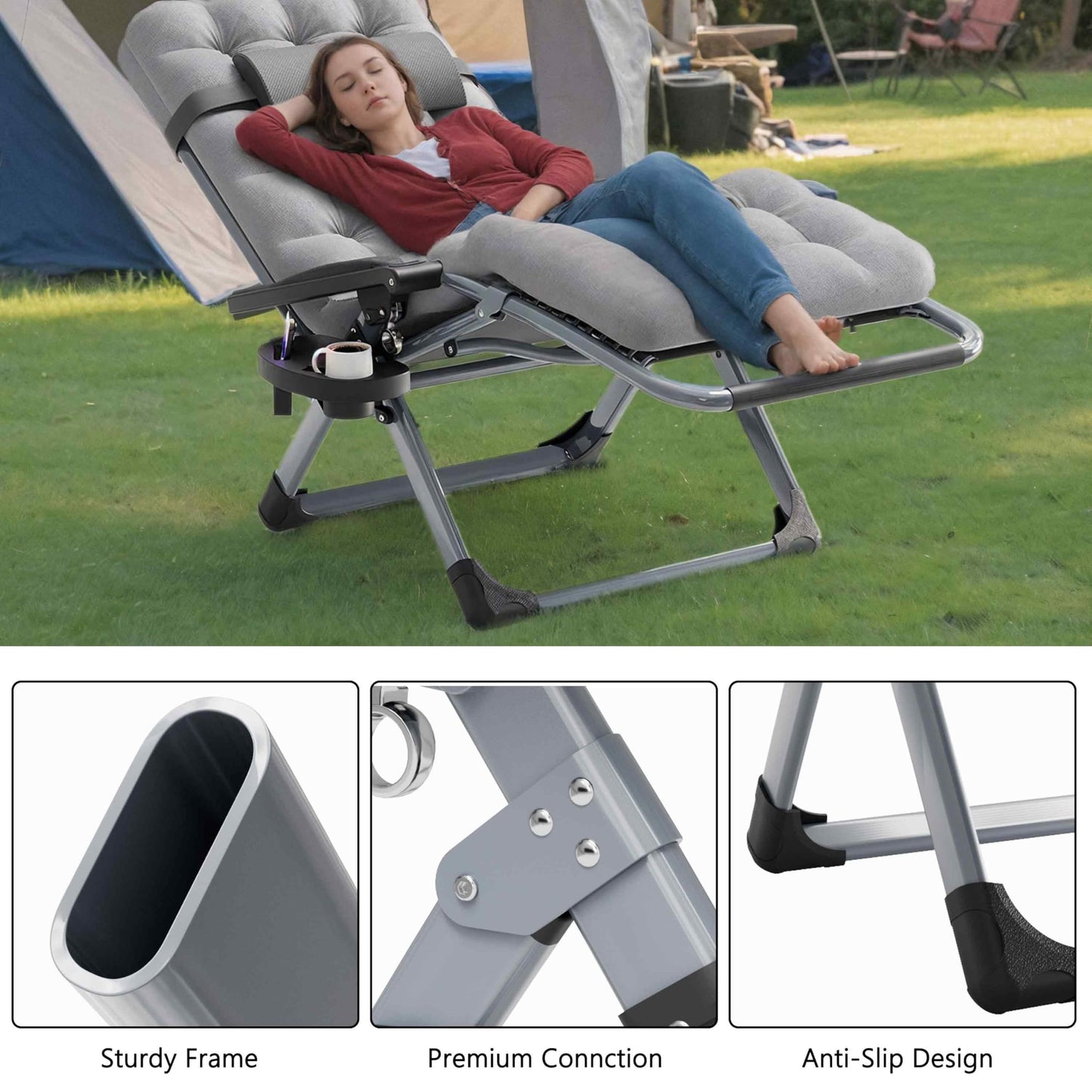 Seeutek Outdoor Zero Gravity Chair - Adjustable Steel Mesh Folding Recliner with Removable Extra Thick Cushion and Upgraded Lock and Cup Holder for Patio, Camping, Indoor, Outdoor - Grey