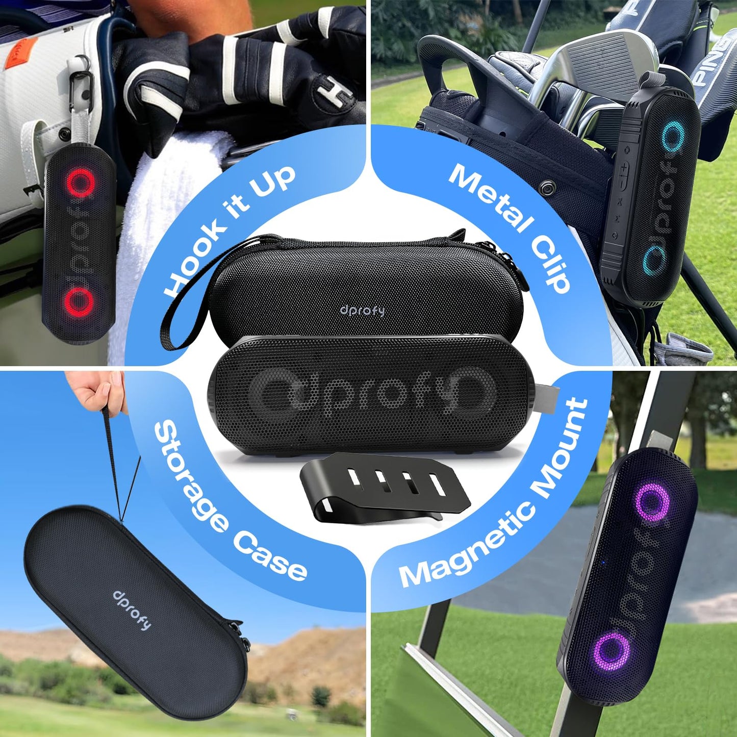 Dprofy New Play 2 Rounds, Magnetic Bluetooth Golf Speaker, Stereo Sound Portable Pro Wireless Waterproof Speaker with Rich Bass, Golf Accessories Golf Gifts (with Light)