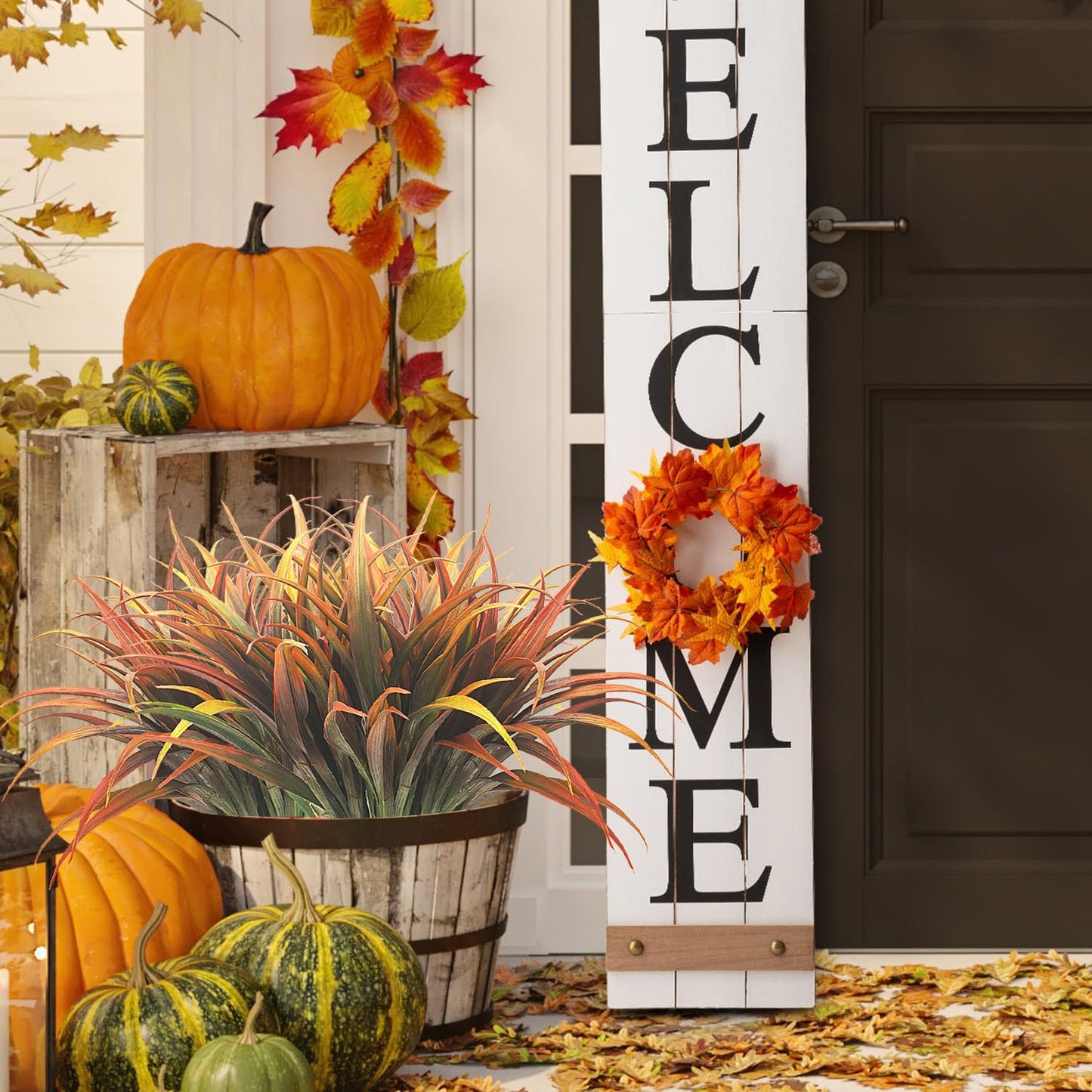 10Pcs Artificial Fall Plants Fake Autumn Grasses UV Resistant No Fade Indoor Outdoor Decoration for Thanksgiving Table Centerpiece Christmas Wedding Party Home Garden Fireplace Décor (Fall Orange)