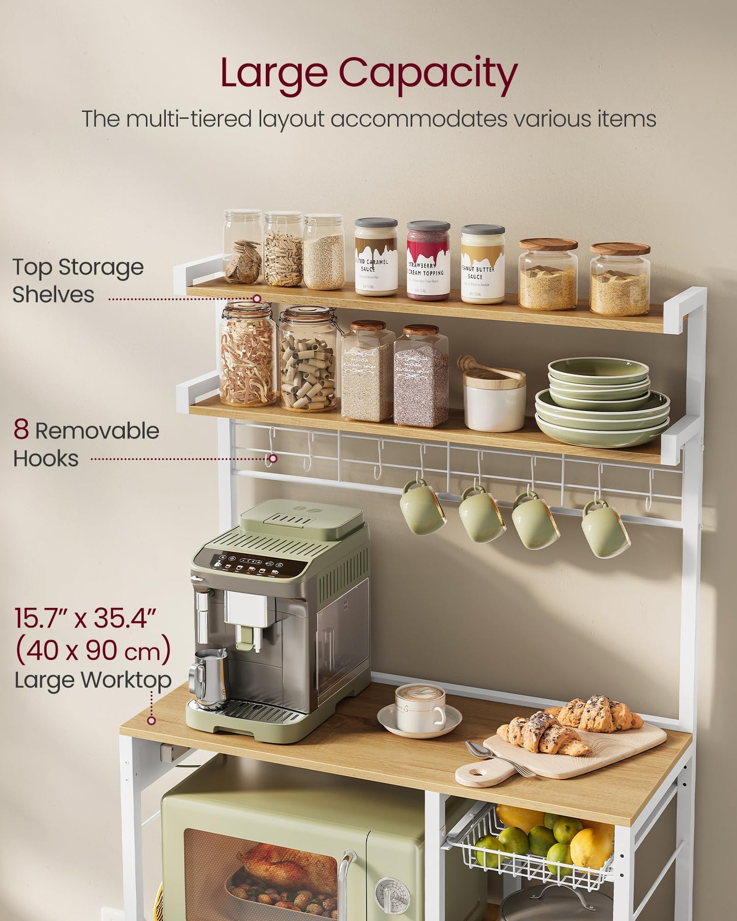 VASAGLE Bakers Rack with Power Outlet, 35.4 Inches Microwave Stand, Coffee Bar, 4 AC Outlets, with Adjustable Shelves, 8 S-Hooks, Basket, Spice Racks, Golden Oak and Cloud White UKKS031Y09