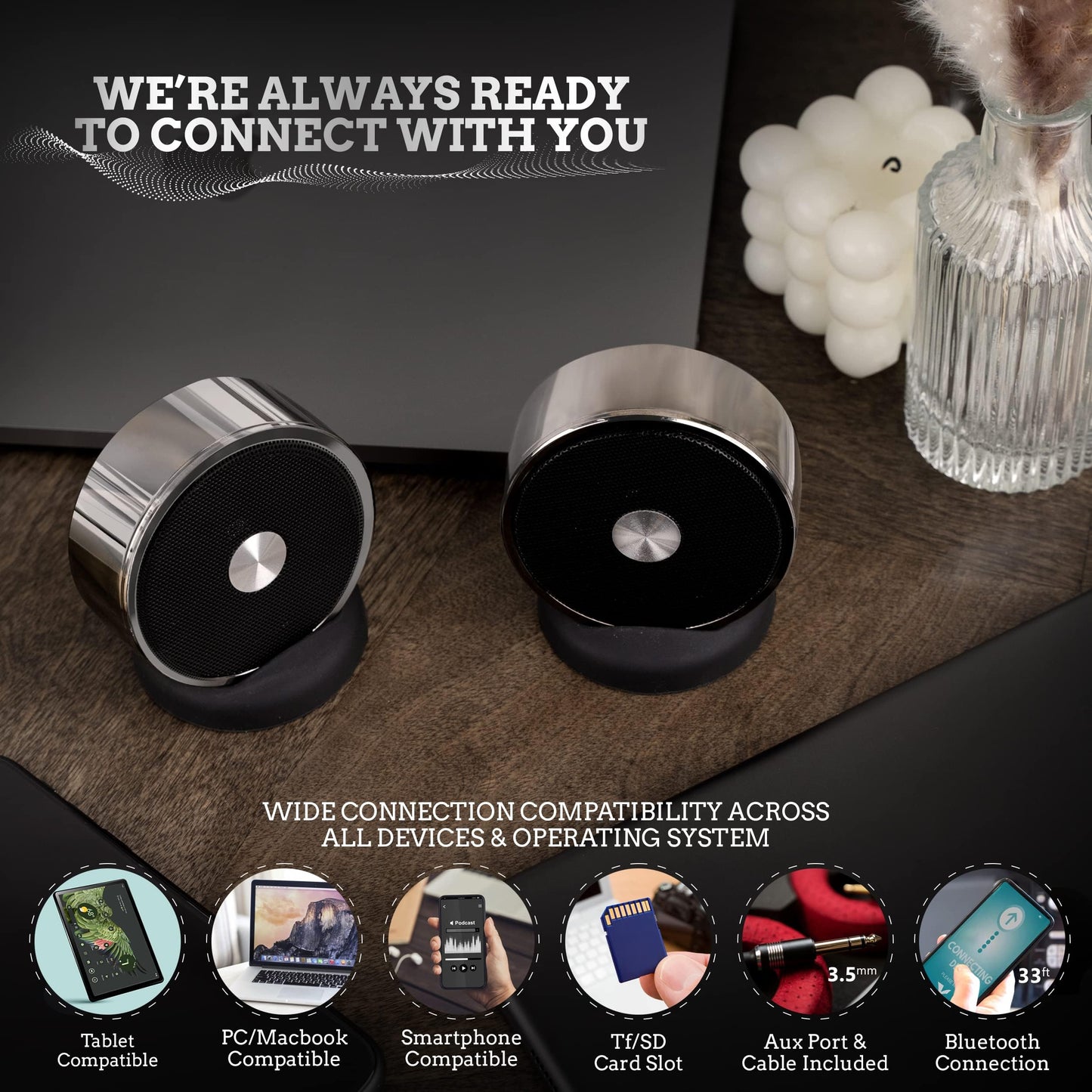 Bluetooth Speaker Set: Wireless Stereo Dual Pairing Portable Twin TWS System With Big Rich Bass Hi-Fi Multi-Room Indoor Outdoor Use Home Deck Pool Work Travel Party Camping Gift Decor Idea (Chrome)