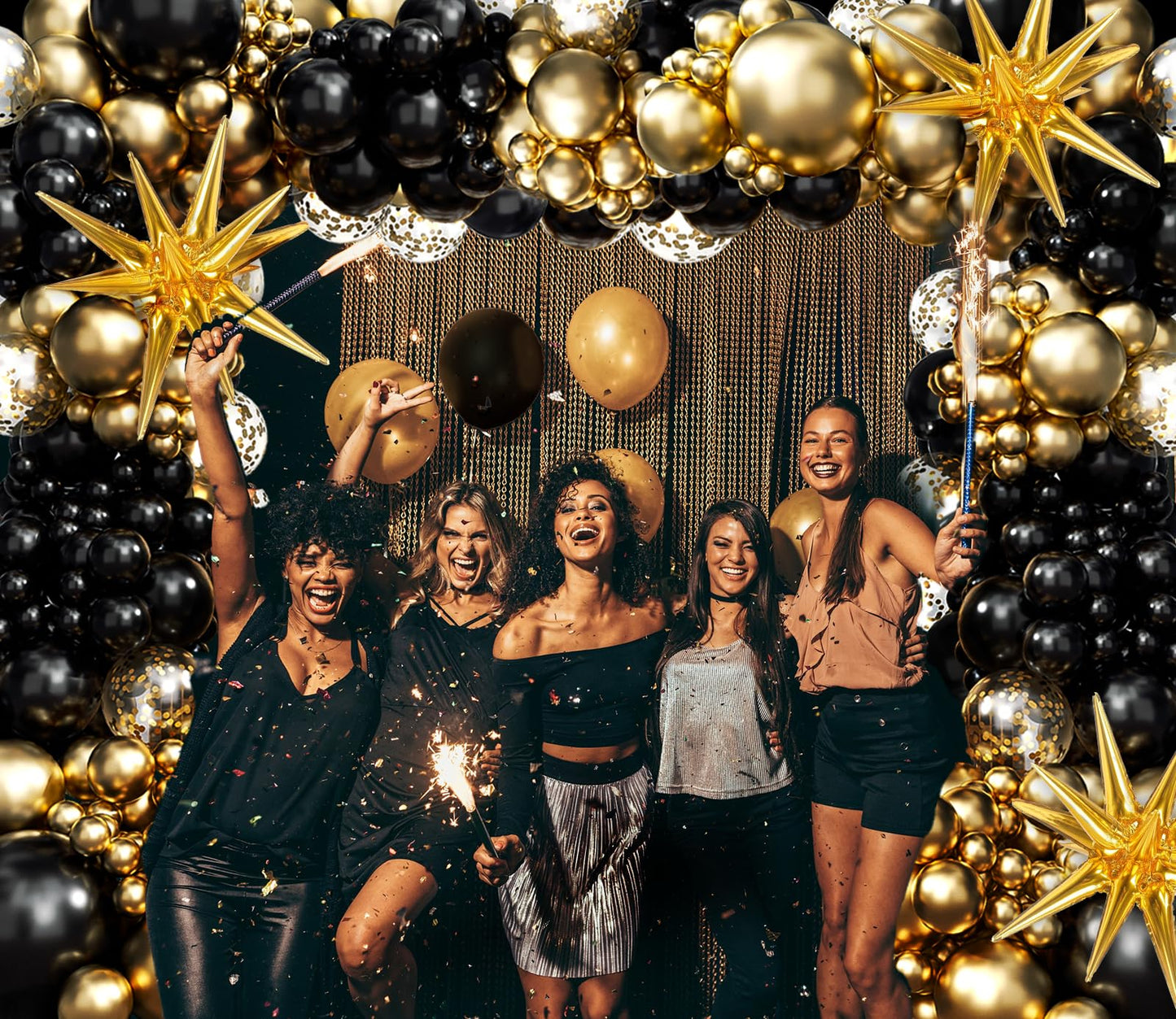 FOTIOMRG Black and Gold Balloons Garland Arch Kit, 5 10 12 18inch Black Gold Confetti Latex Balloons for 2025 Graduation New Year Anniversary Birthday Party Decorations