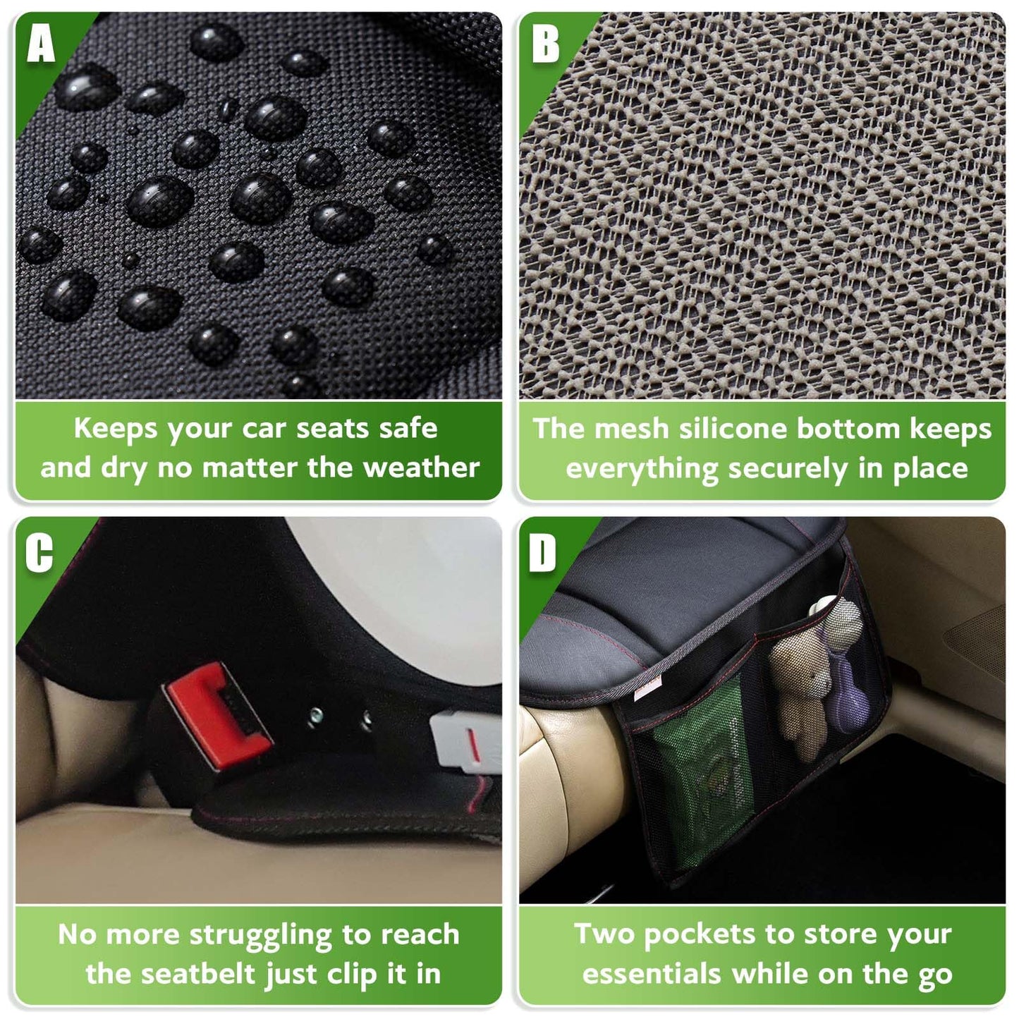 Siivton Kids Booster Seat Protector Mat, Thick, Anti-Slip, Waterproof, with Mesh Pockets for Toys & Snacks, Fits Most Cars, Black - 2 Pack